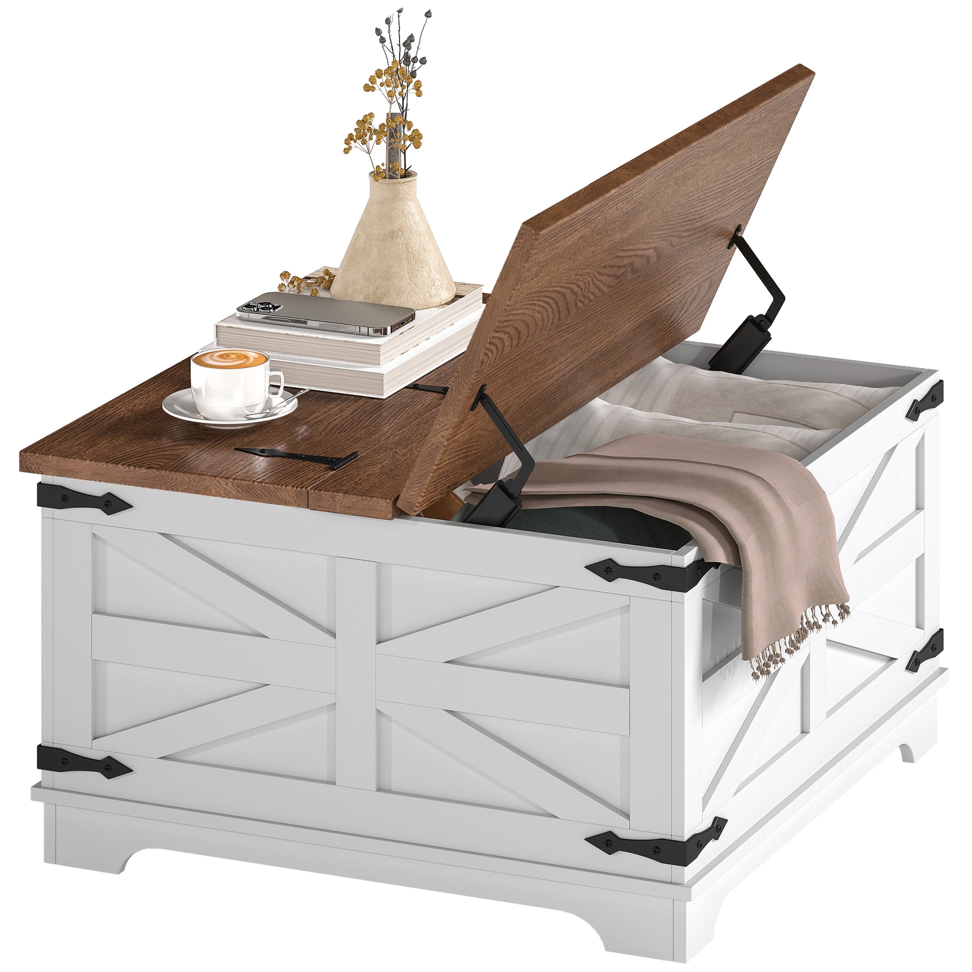 HOMCOM Farmhouse Square Coffee Table with Flip-Top Lids, Hidden Storage, White