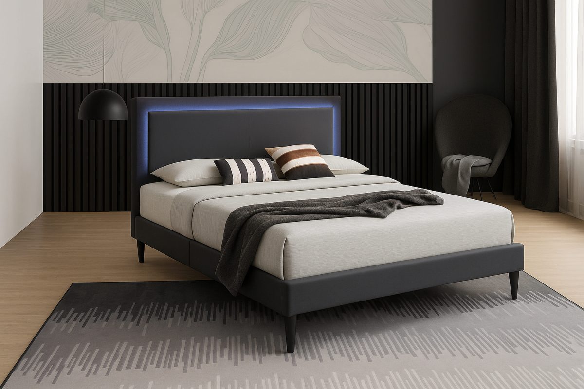 Modern Linen Platform Bed Adjustable LED Headboard T2104