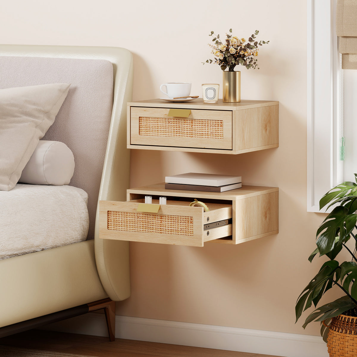 Floating Nightstands with Rattan Drawer, Set of 2 – 16"W x 6"H
