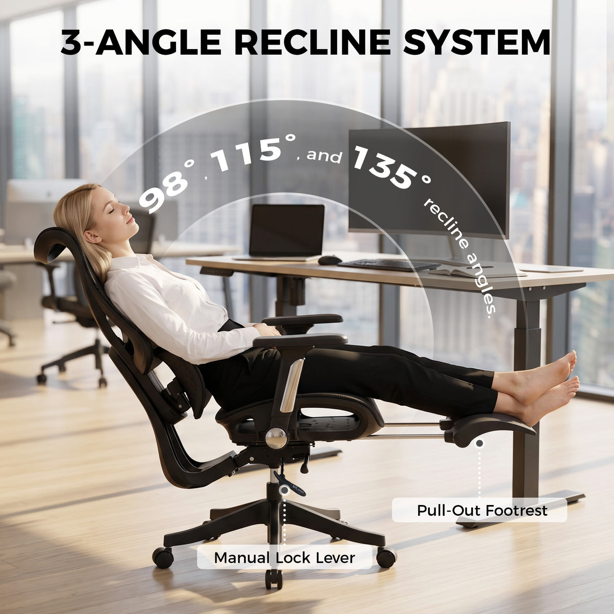 Ergonomic Office Chair with Lumbar Support, Mesh Reclining Desk Chair with Footrest, Black