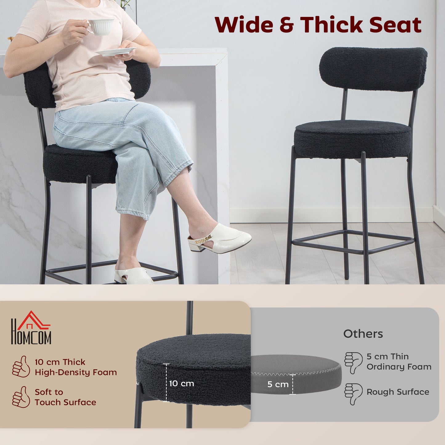 HOMCOM Set of 2 Modern Black Sherpa Bar Stools - Backrest, Footrest, Upholstered Comfort