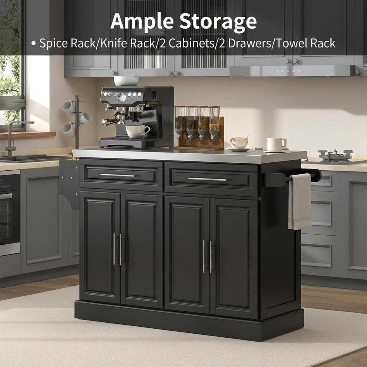 Rolling Kitchen Island with Stainless Steel Top – 57"W x 37"H