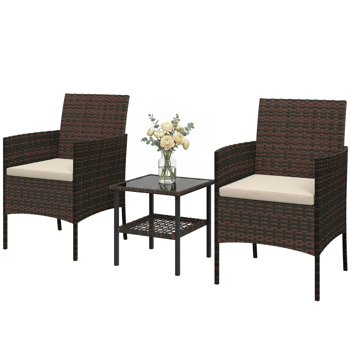 Wicker Bistro Set, 3 Piece Patio Furniture Set with 2-Tier Glass Top Table, Cushions for Balcony, Porch – Khaki – Khaki