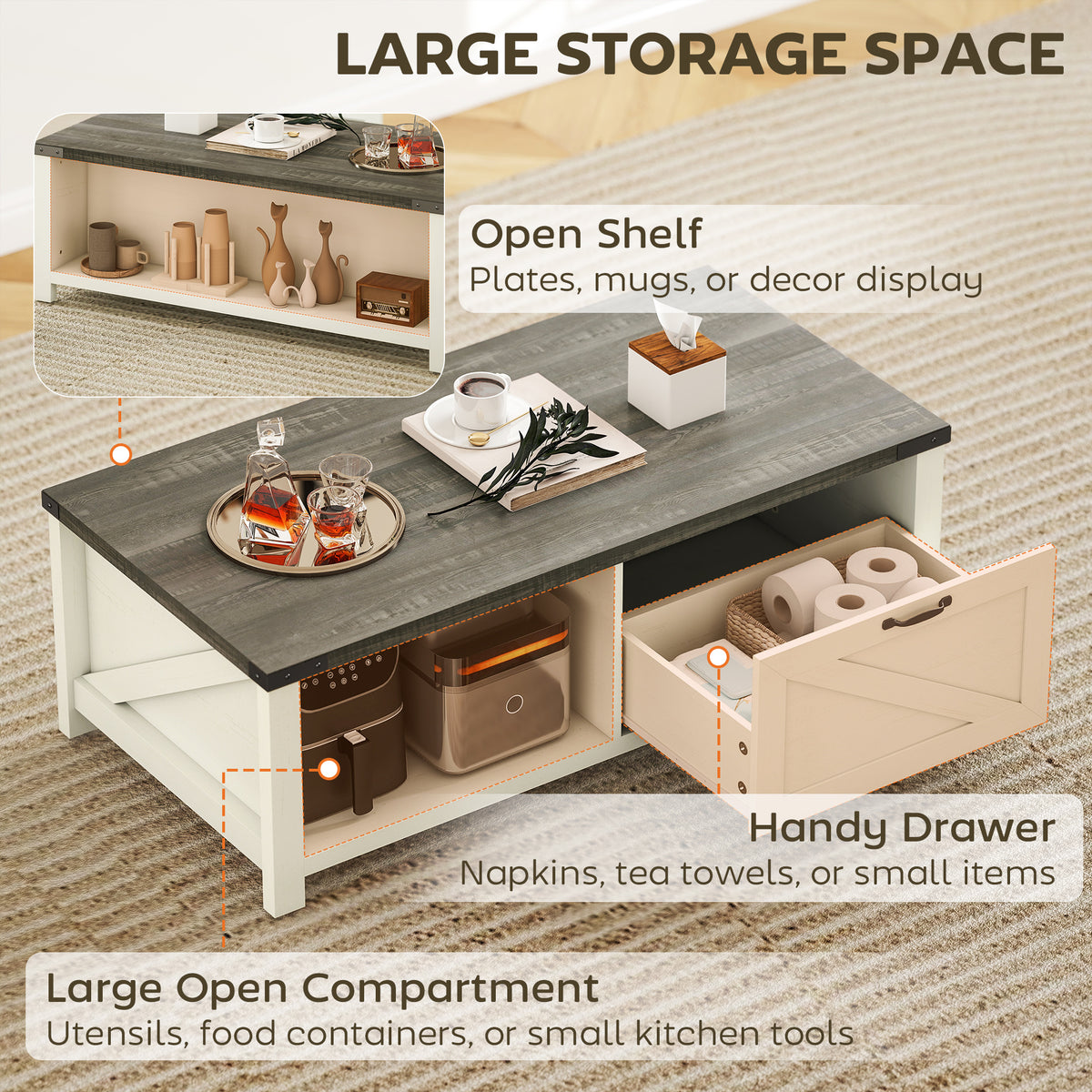Farmhouse Coffee Table with Barn-Door Drawer and Open Shelf, Distressed White