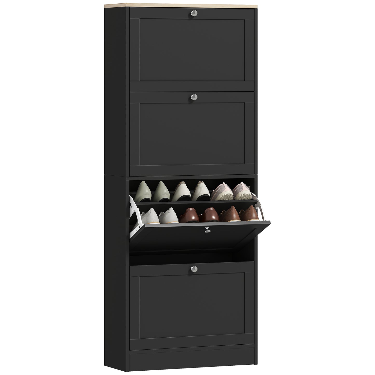 Space-Saving Black Shoe Cabinet: 4 Flip Drawers, Adjustable Shelves, 18-24 Pairs
