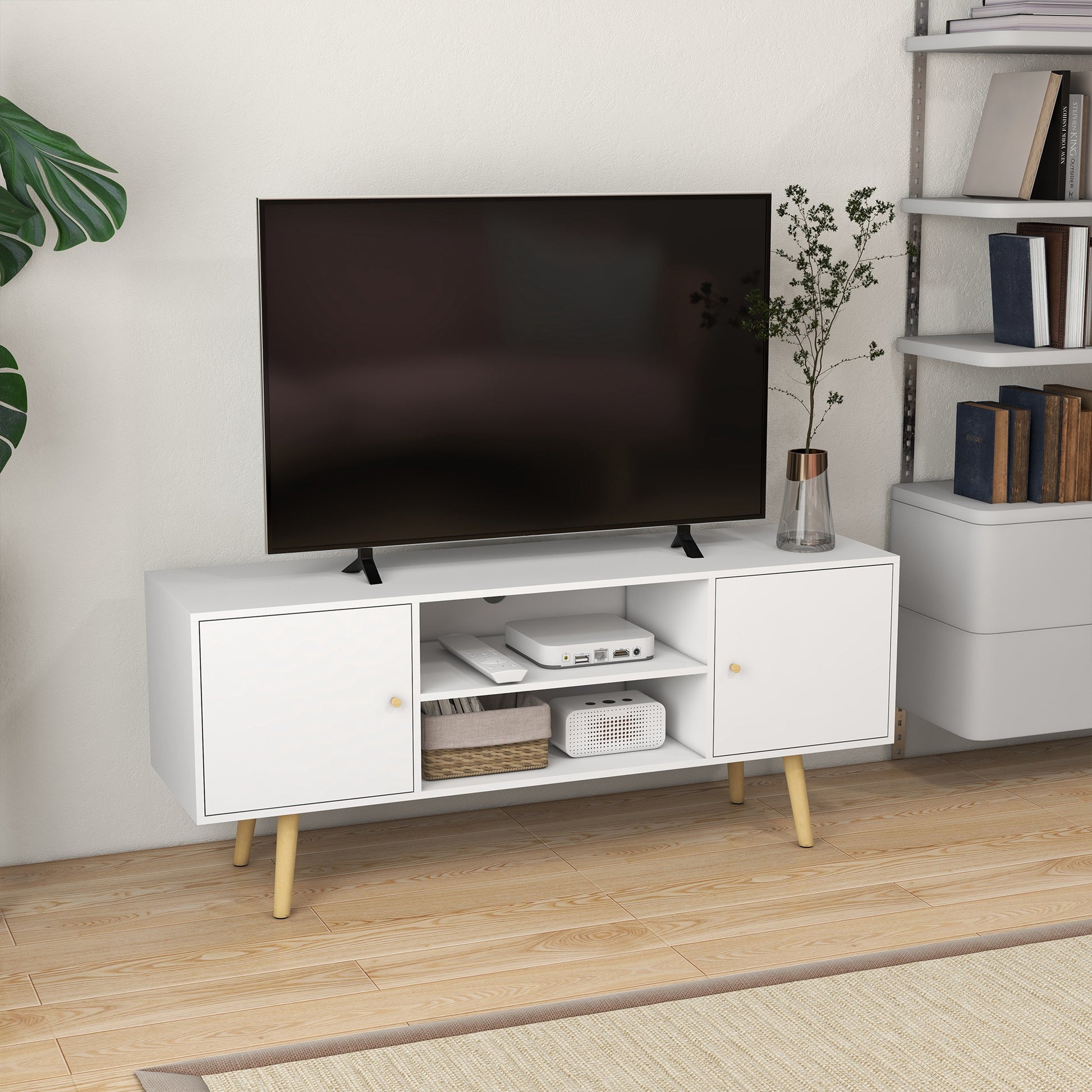 HOMCOM Modern White TV Stand Cabinet with Storage for 55-inch TVs