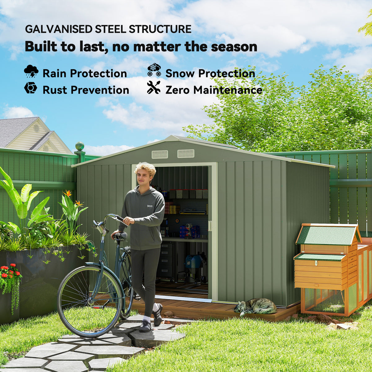 9.1'x6.4'x6.3' Garden Storage Shed, Outdoor Storage Tool House with Vents, Foundation and Lockable Double Doors – Light Green