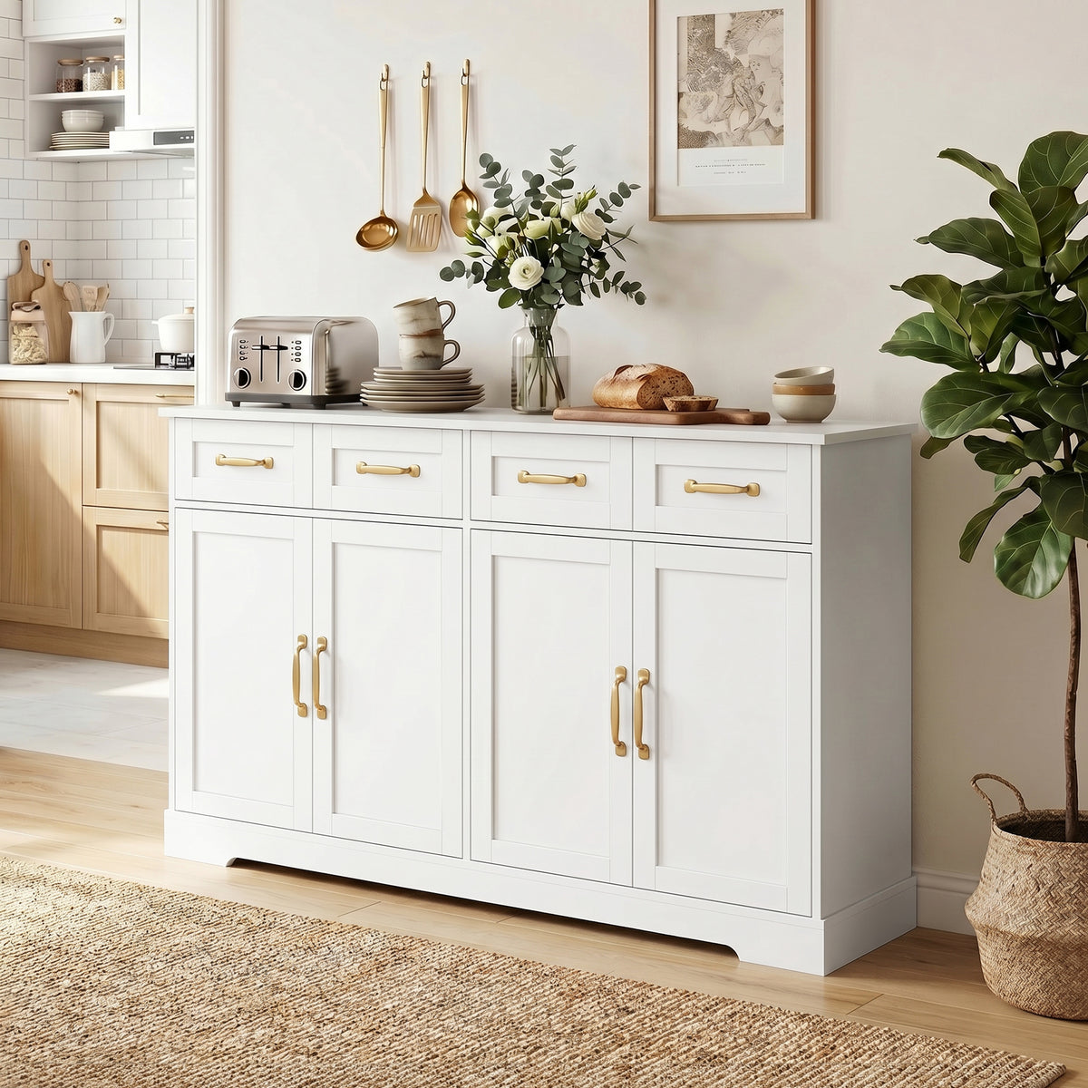 Modern Farmhouse Kitchen Storage Cabinet with 4 Drawers – 55"W x 31"H