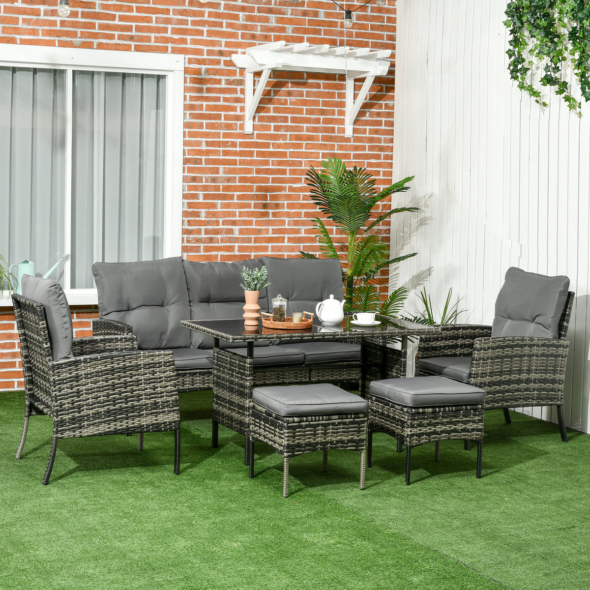 6 Piece Patio Furniture Set with Patio Chairs, Ottomans, Sofa, Glass Top Table and Cushions, Wicker Rattan Outdoor Furniture Set for Backyard, Porch