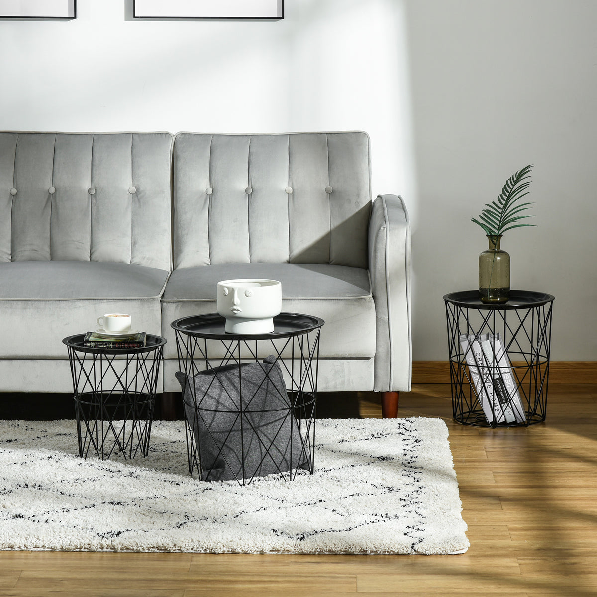 Round Nesting Coffee Tables Set of 3 with Basket Storage – Black