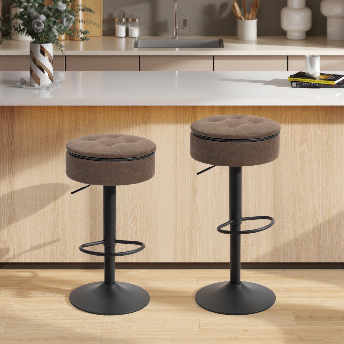 HOMCOM Set of 2 Barstools Swivel Storage Brown