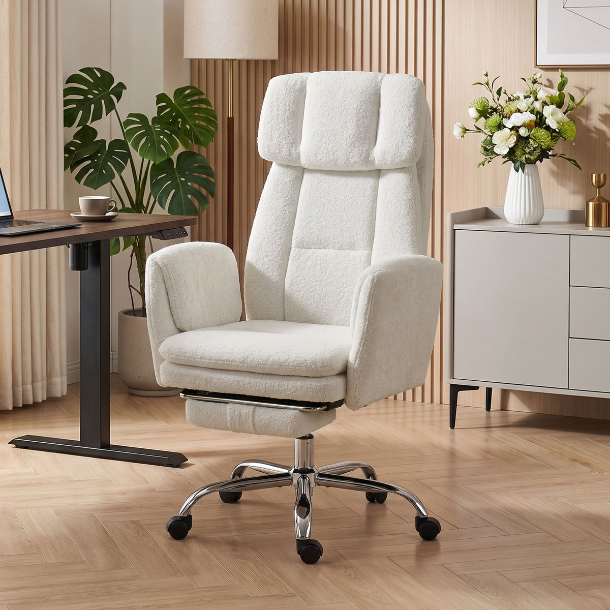 Big and Tall Office Chair with Flip Armrests for Cross Legged Sitting, Cream