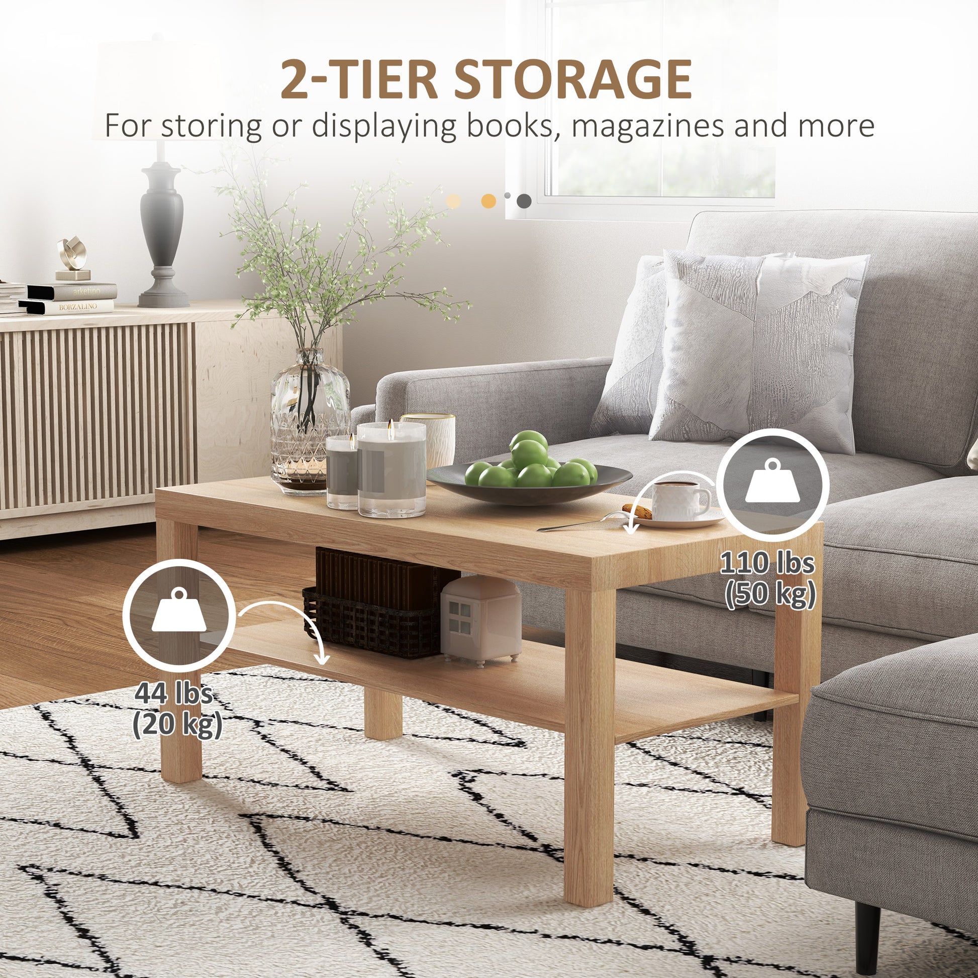 HOMCOM 2-Tier Rectangular Coffee Table with Storage Shelf, Natural Wood Finish