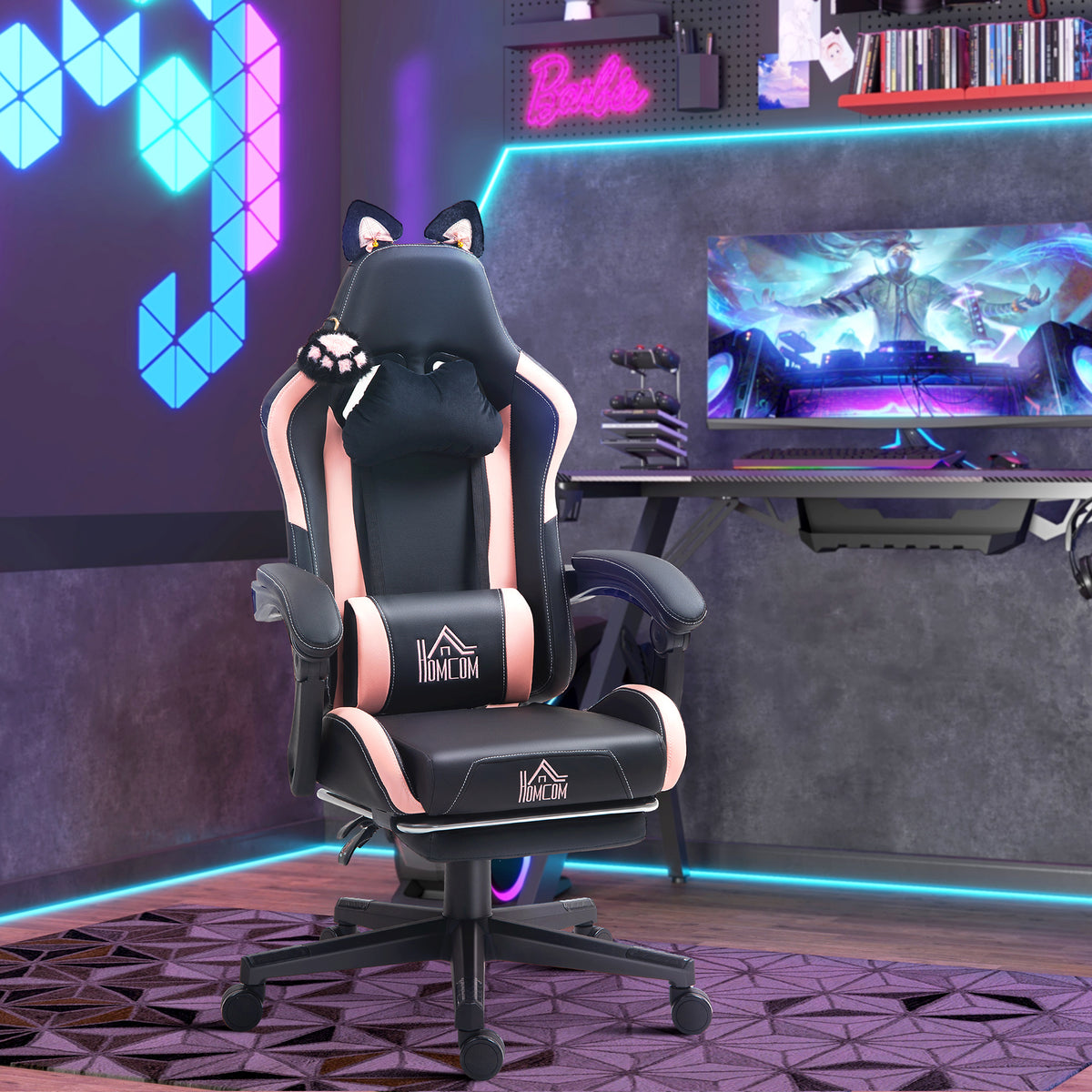 Cute Racing Gamer Chair, Faux Leather Gaming Chair with Footrest, Black
