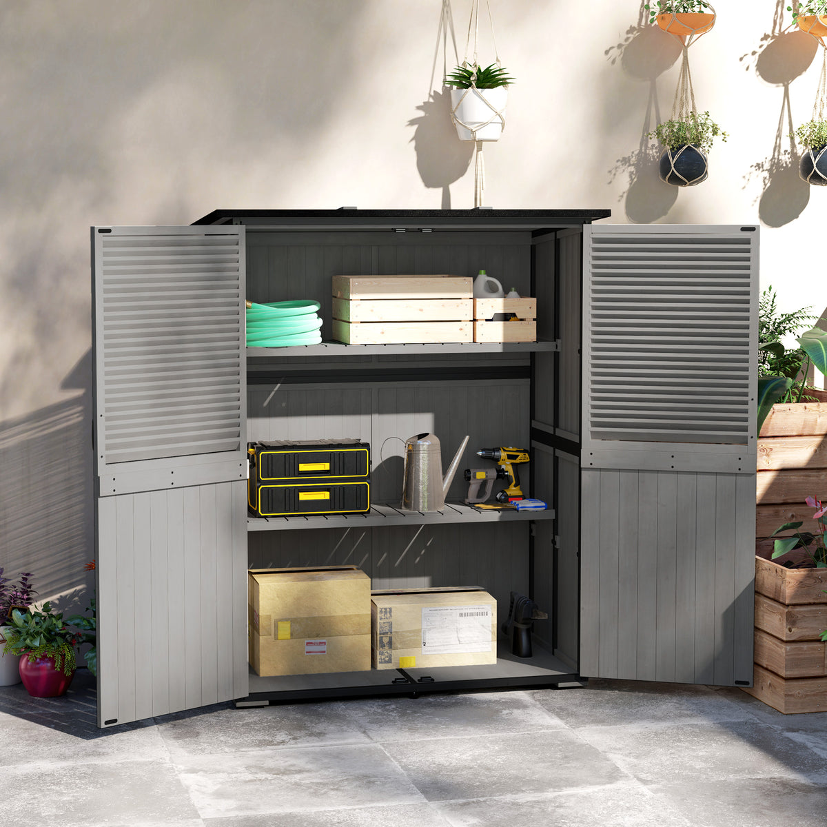 Outdoor Storage Cabinet, Wood Garden Shed with Steel Frame, Asphalt Roof, 2 Shelves and Lockable Doors
