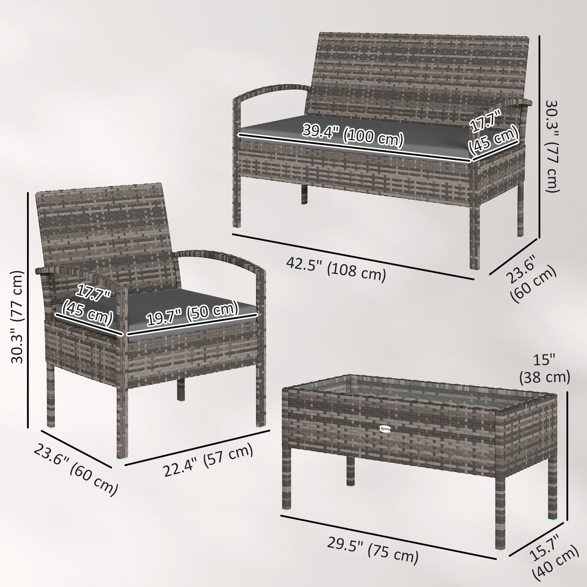 4 Pieces Patio Furniture Set with A Loveseat, Two Armchairs and A Coffee Table, Outdoor Conversation Set – Dark Grey