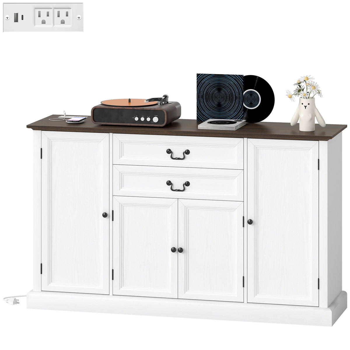 Farmhouse Sideboard with Charging Station and Thickened Top – 58"W x 34"H