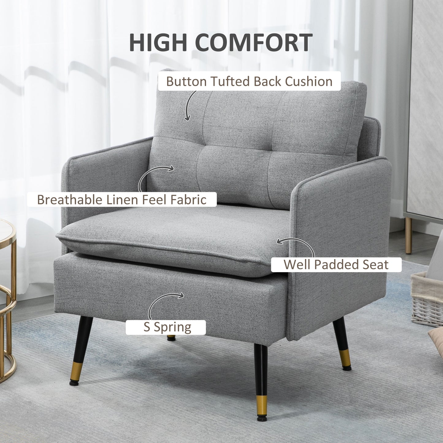 HOMCOM Grey Upholstered Accent Chair, Button Tufted Fabric Armchair, Steel Legs