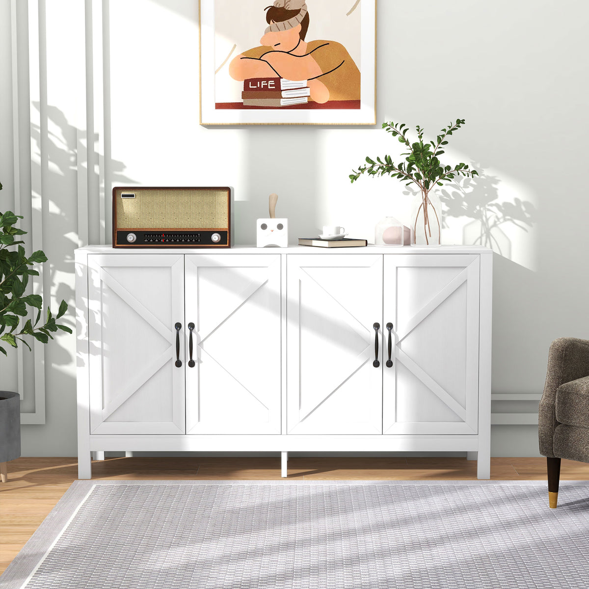 60" Sideboard Buffet with Barn Doors, White
