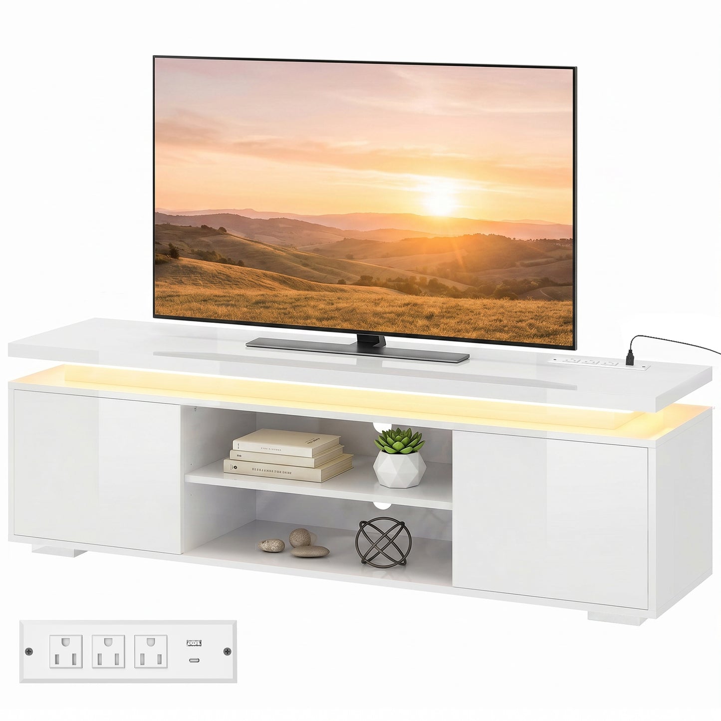 HOMCOM TV Stand with LED Lights, High Gloss White