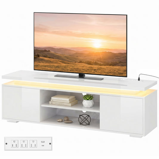 HOMCOM TV Stand with LED Lights, High Gloss White