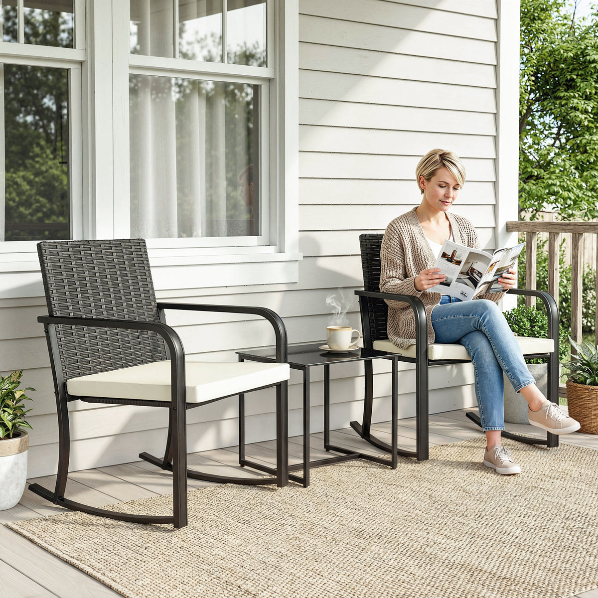 3 Pieces Rocking Bistro Set Outdoor Patio Furniture Set with Cushions, Glass Coffee Table for Balcony – Cream White