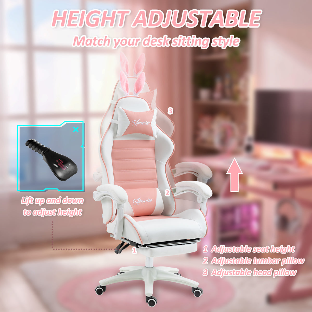 Cute Racing Gamer Chair, PU Leather Gaming Chair with Footrest, Pink