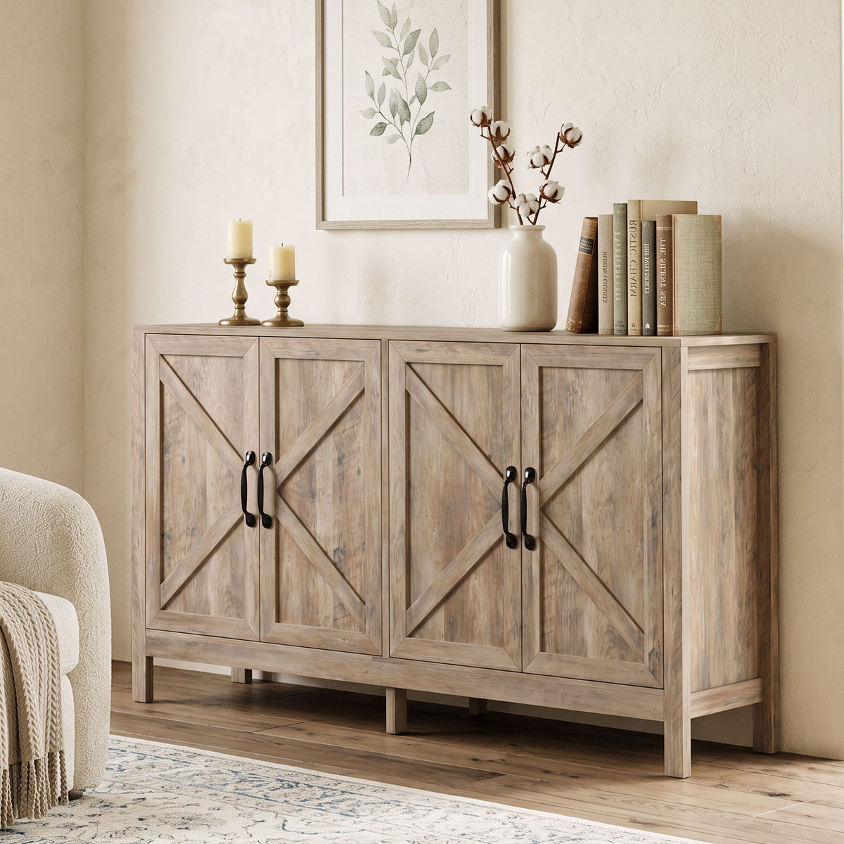 60" Sideboard Buffet with Barn Doors, Light Grey