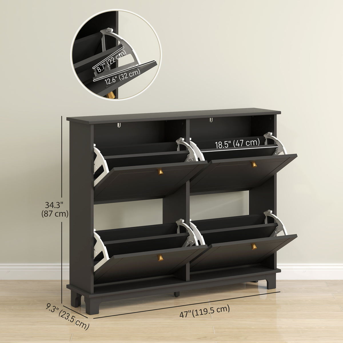 Modern Narrow Shoe Cabinet with 4 Flip Drawers – 47"W x 34"H