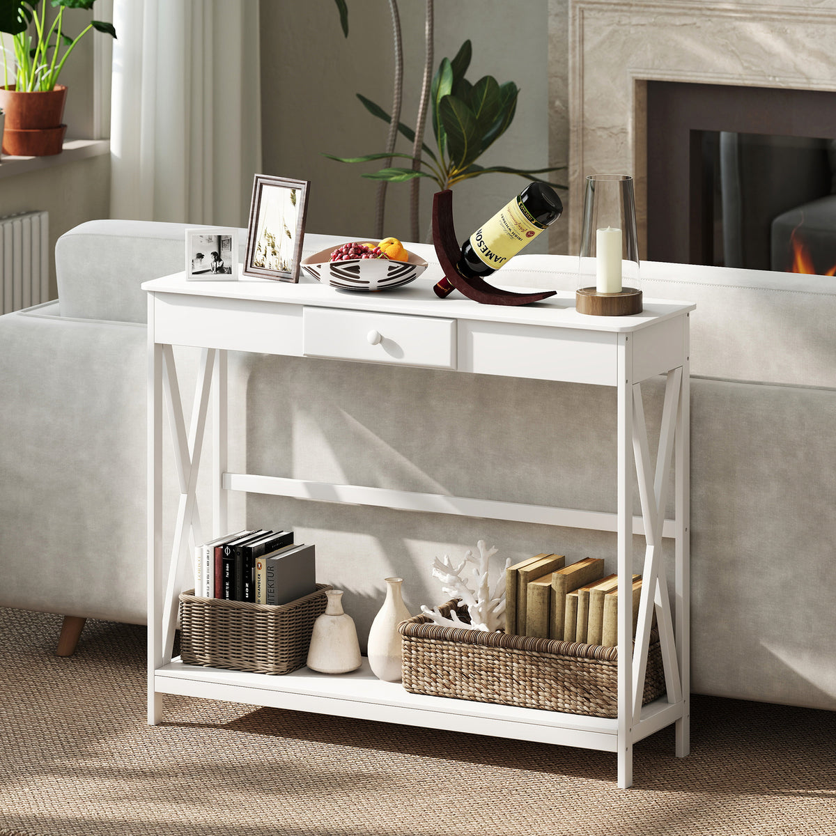 39" 2-Tier X-Design Console Table with Drawer