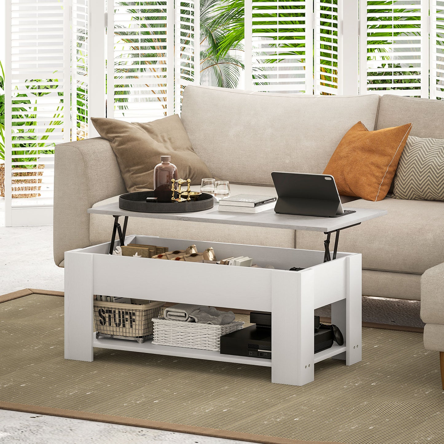 Modern White Lift Top Coffee Table with Hidden Storage and Open Shelf