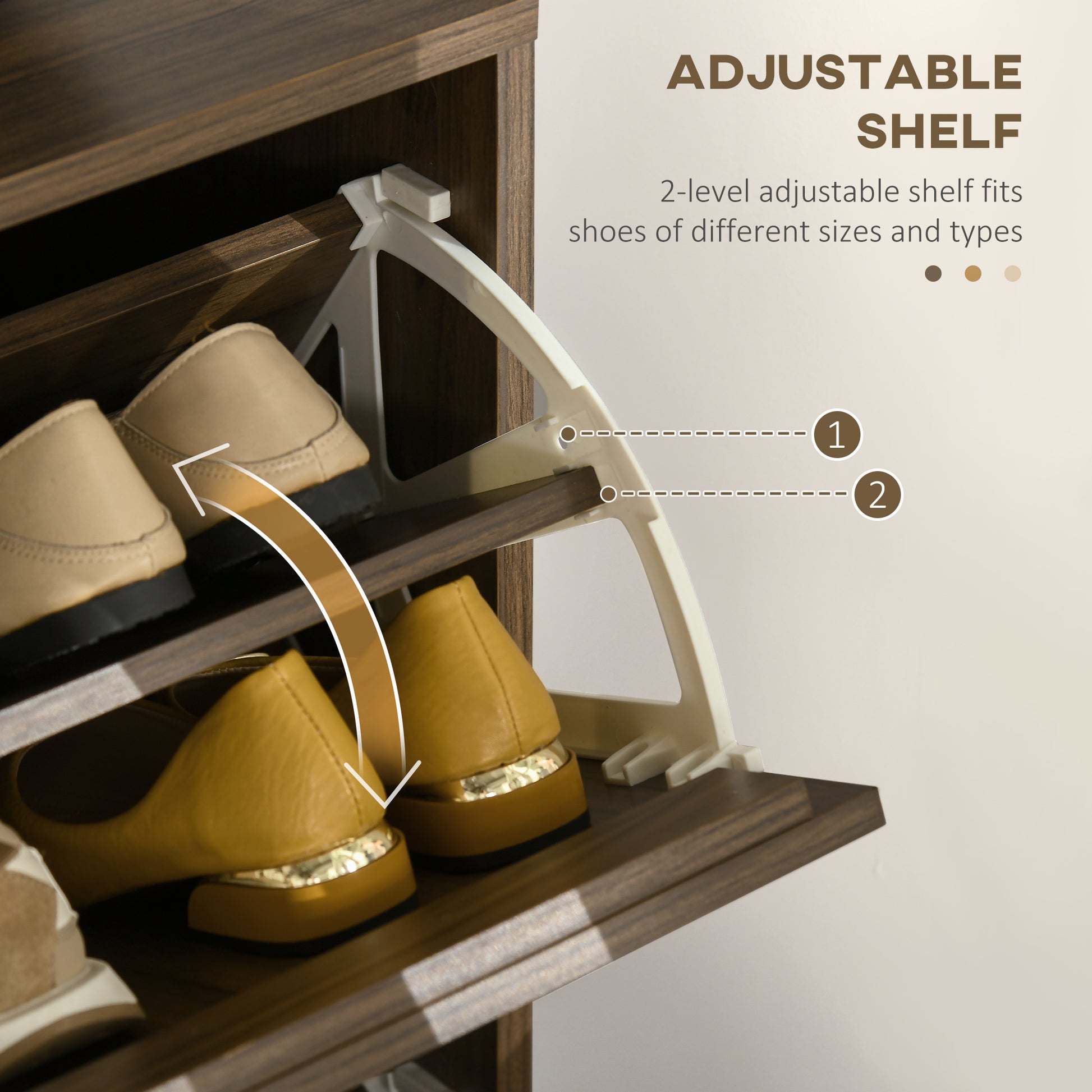 HOMCOM Modern Walnut Shoe Storage Cabinet, 2 Flip Drawers, Adjustable Shelves