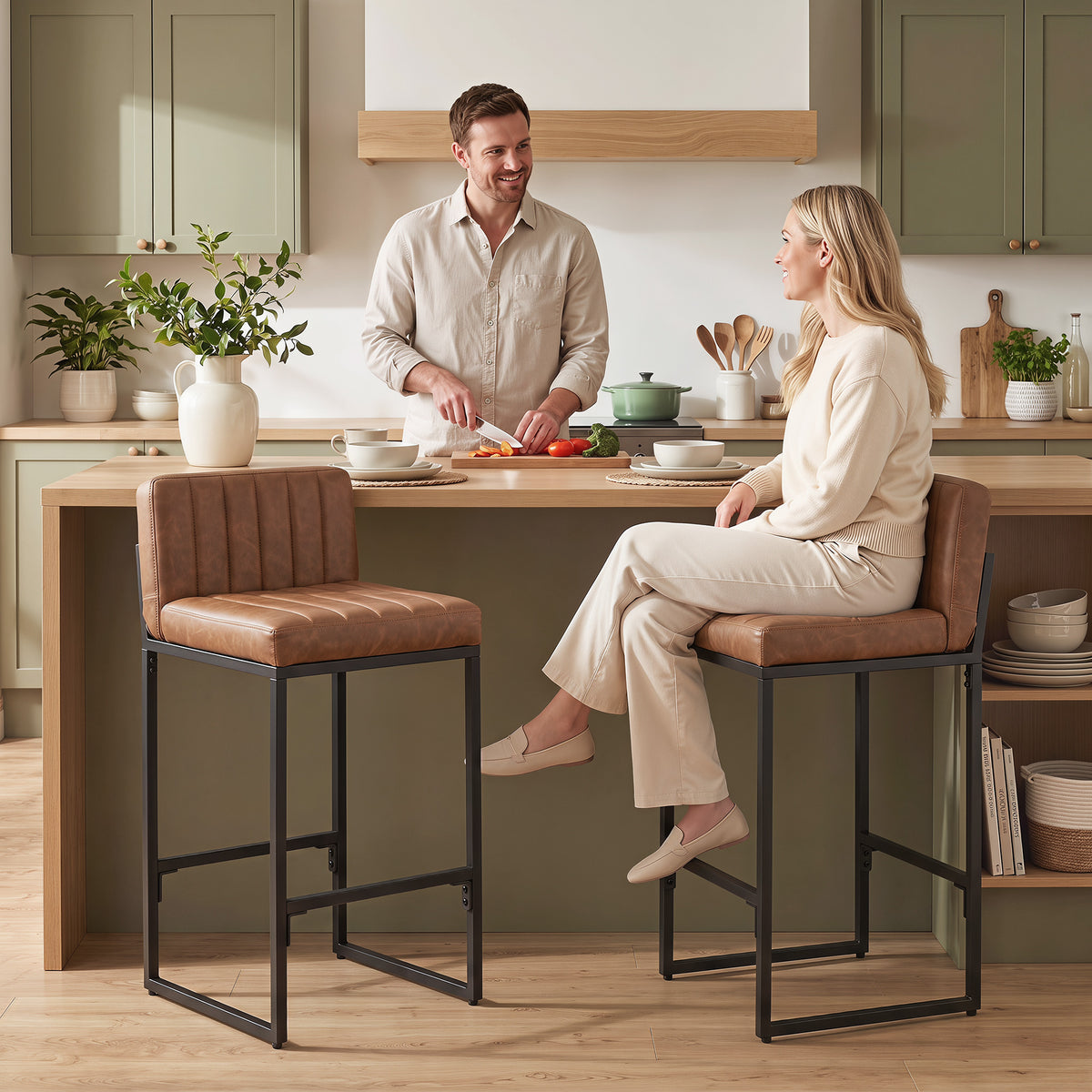 Retro Padded PU Leather Counter Stools with Back and Metal Legs, Set of 2, Brown