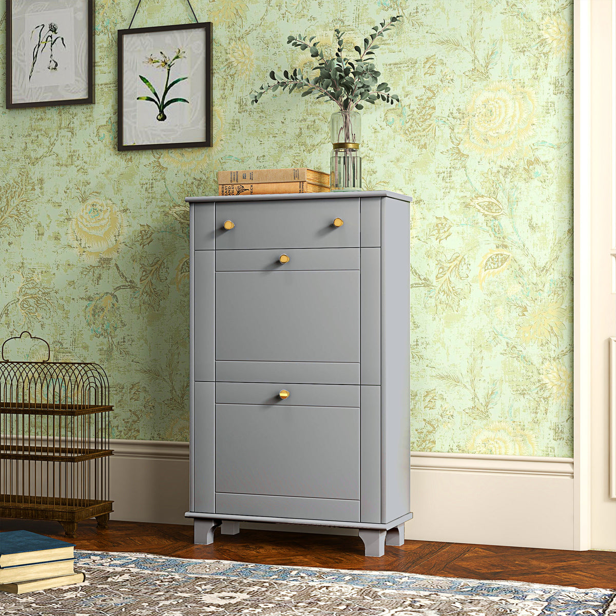 Slim Shoe Storage with 2 Flip Drawers and Adjustable Shelves – 24"W x 39"H
