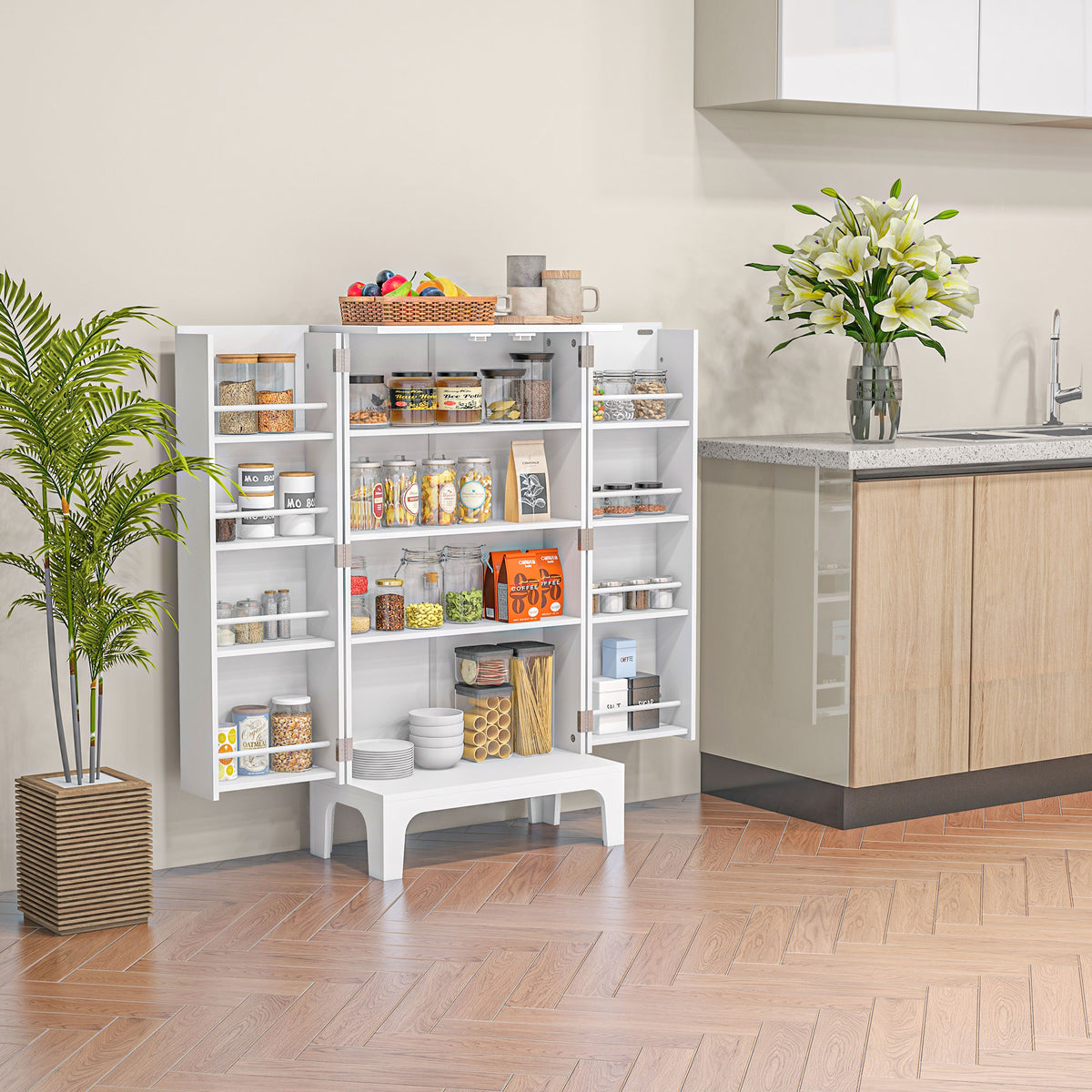 2-Door Kitchen Pantry Cabinet with 4-tier Shelving – 24"W x 44"H