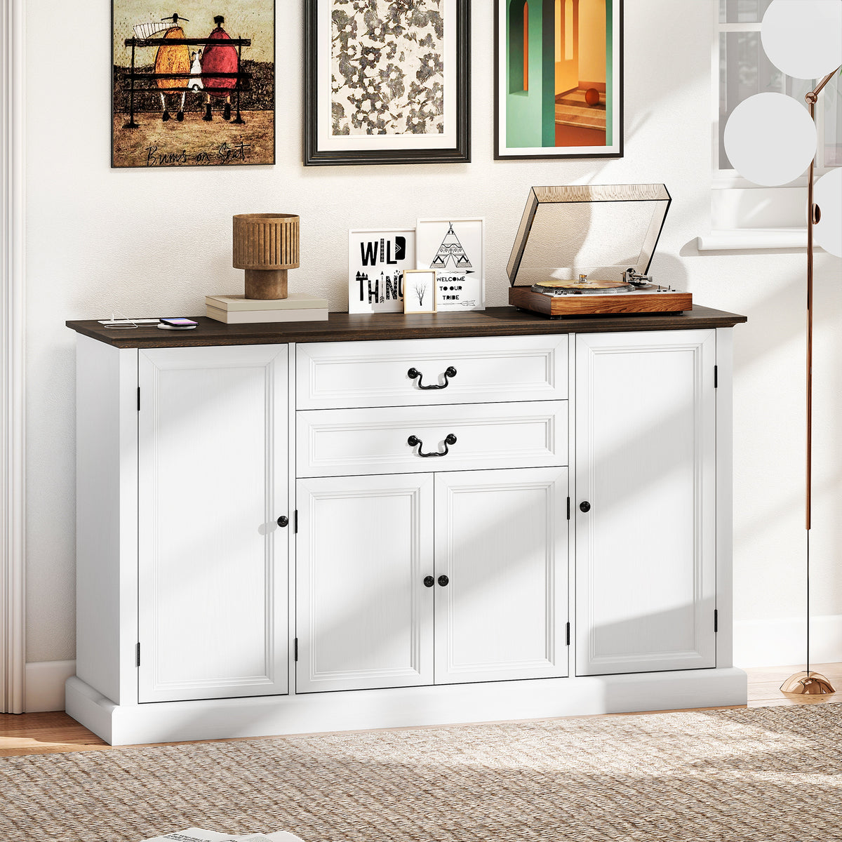 Farmhouse Sideboard with Charging Station and Thickened Top – 58"W x 34"H