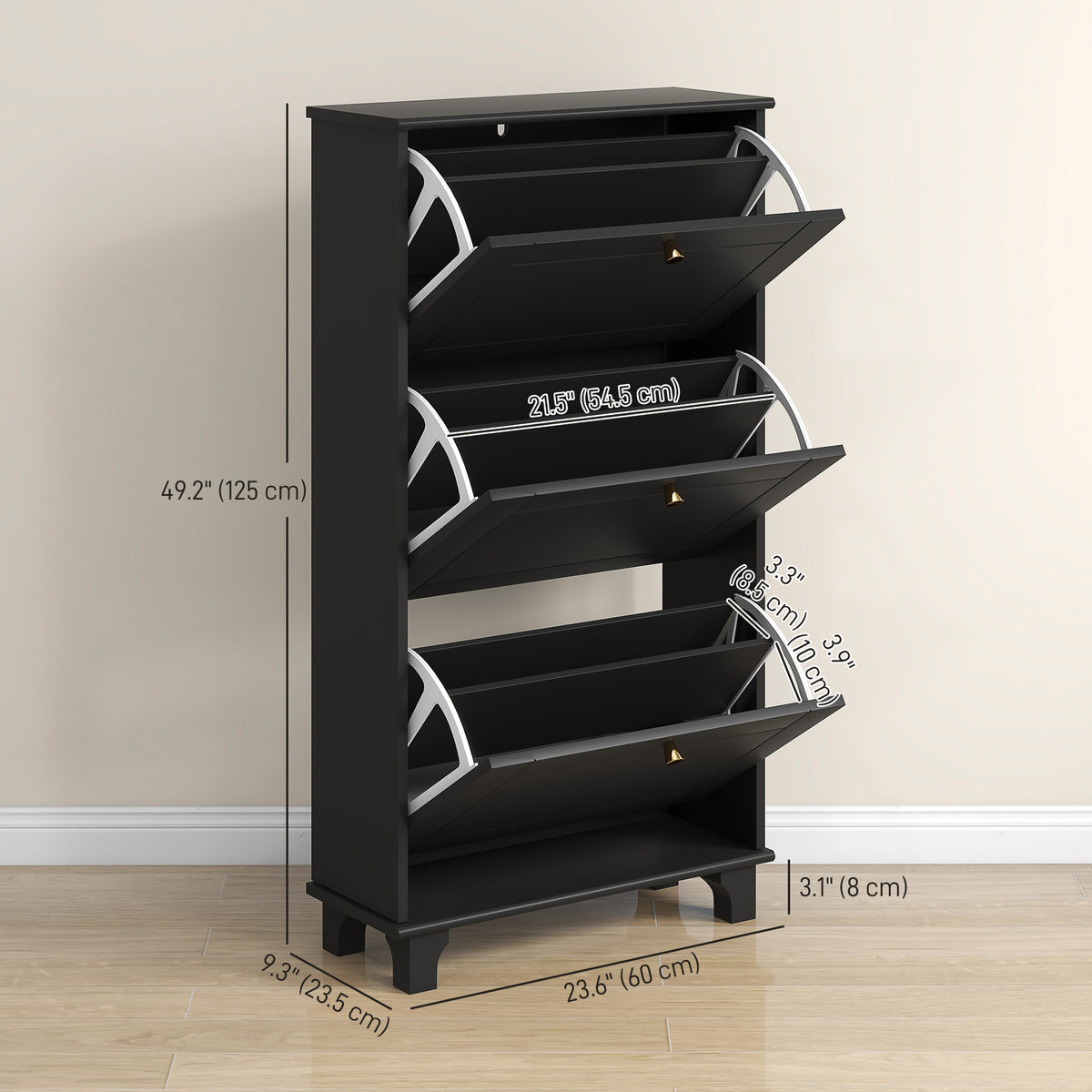 Narrow Shoe Storage with 3 Flip Drawers and Adjustable Shelves – 24"W x 49"H