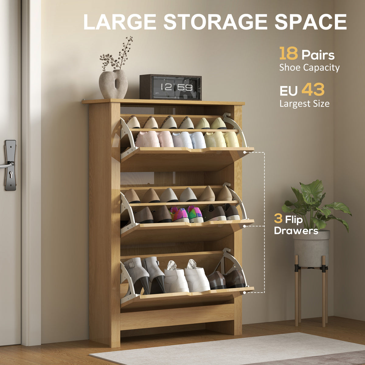 Shoe Storage Cabinet with 3 Flip Drawers – 28"W x 44"H