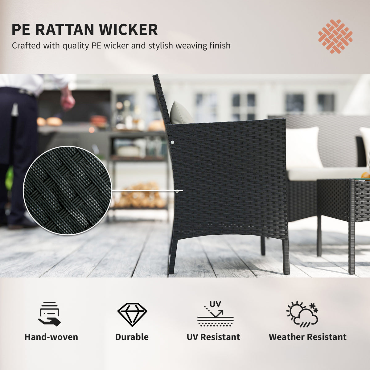 4-Piece Rattan Outdoor Furniture Set Patio Furniture Set with Coffee Table 22.8" W x 21.7" D x 33.5" H Black &