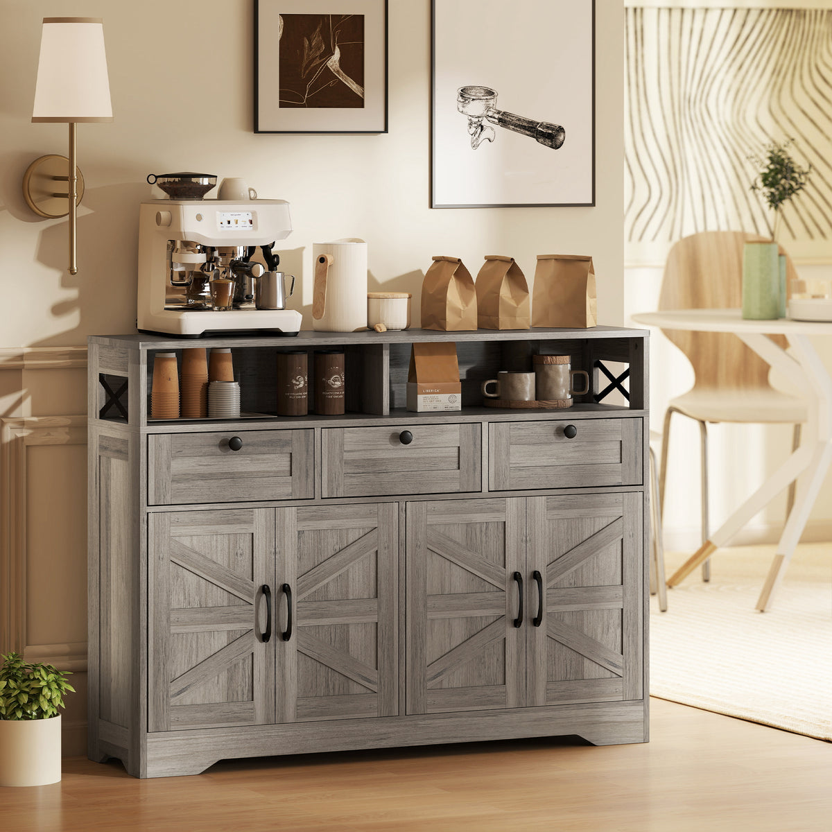 Buffet Cabinet with 4 Barn Doors and 3 Drawers – 47"W x 35"H