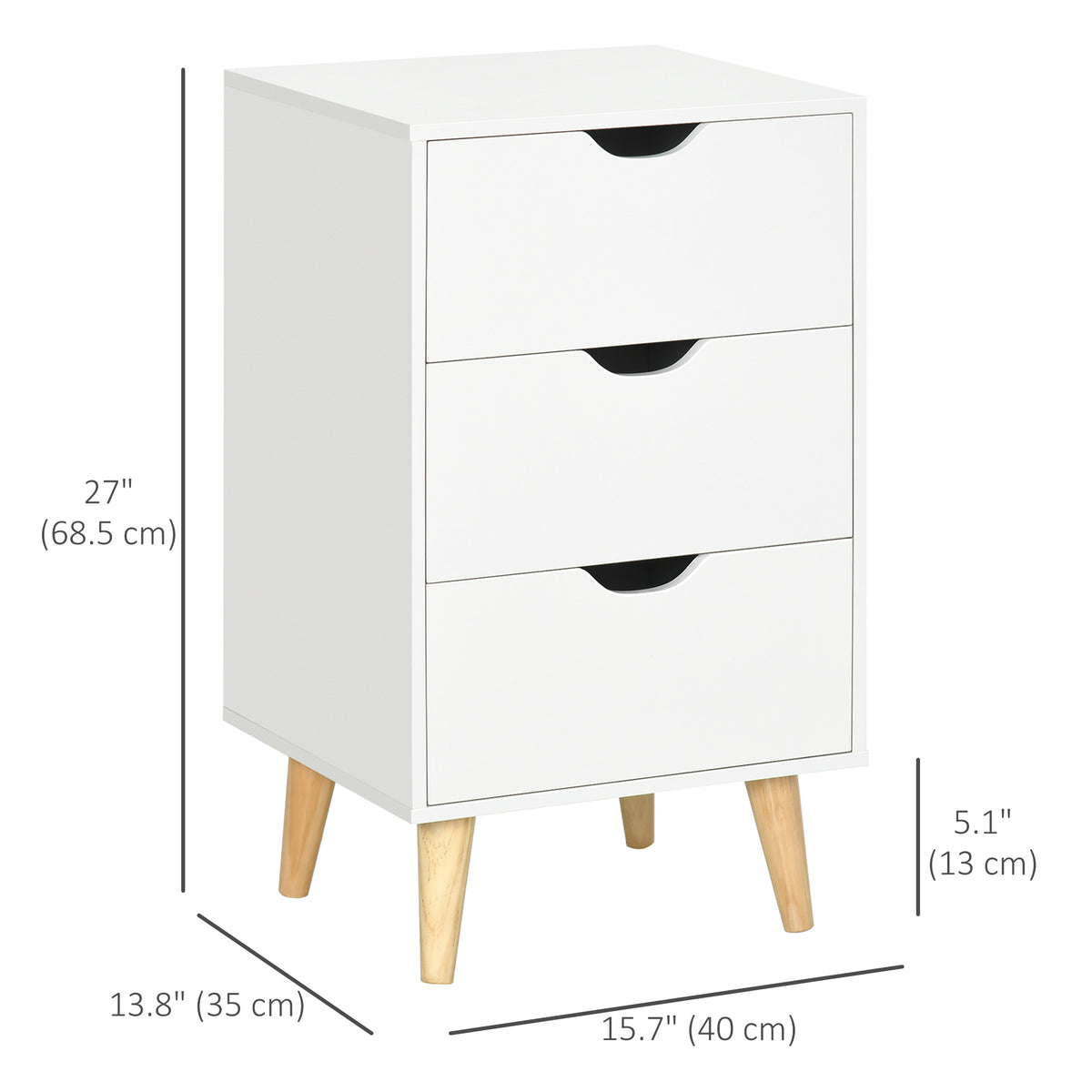 3-Drawer Nightstand with Wood Legs – 16"W x 27"H