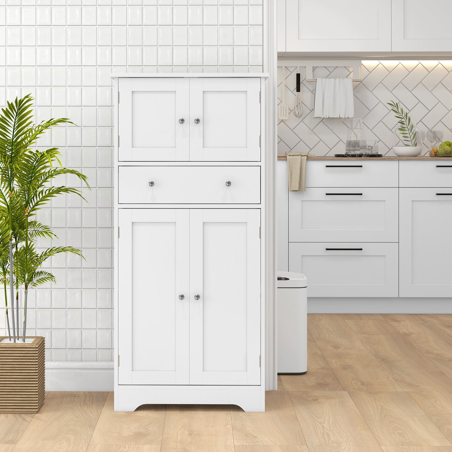 HOMCOM Modern Kitchen Cabinet 4‑Door With Drawer, Adjustable Shelf White