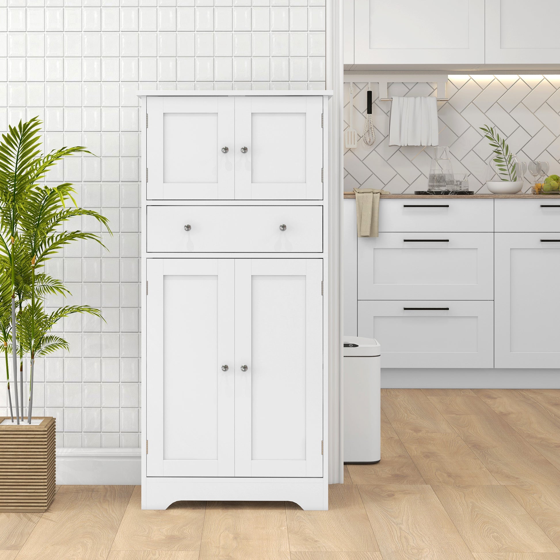 HOMCOM Modern Kitchen Cabinet 4‑Door With Drawer, Adjustable Shelf White