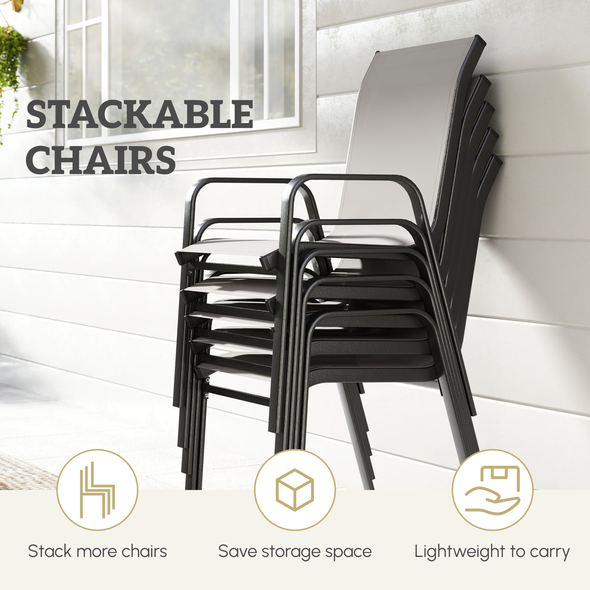 Outdoor Dining Sets for 8 with Stackable Chairs, Patio Dining Set with Glass Top Table for Garden, Patio, Backyard – Dark Grey