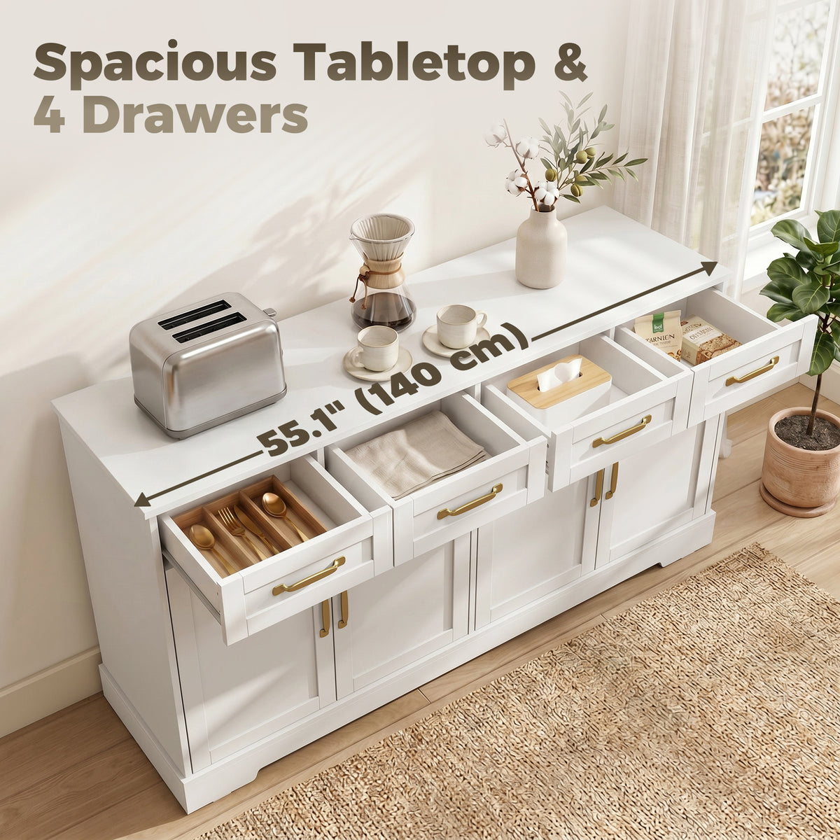 Modern Farmhouse Kitchen Storage Cabinet with 4 Drawers – 55"W x 31"H