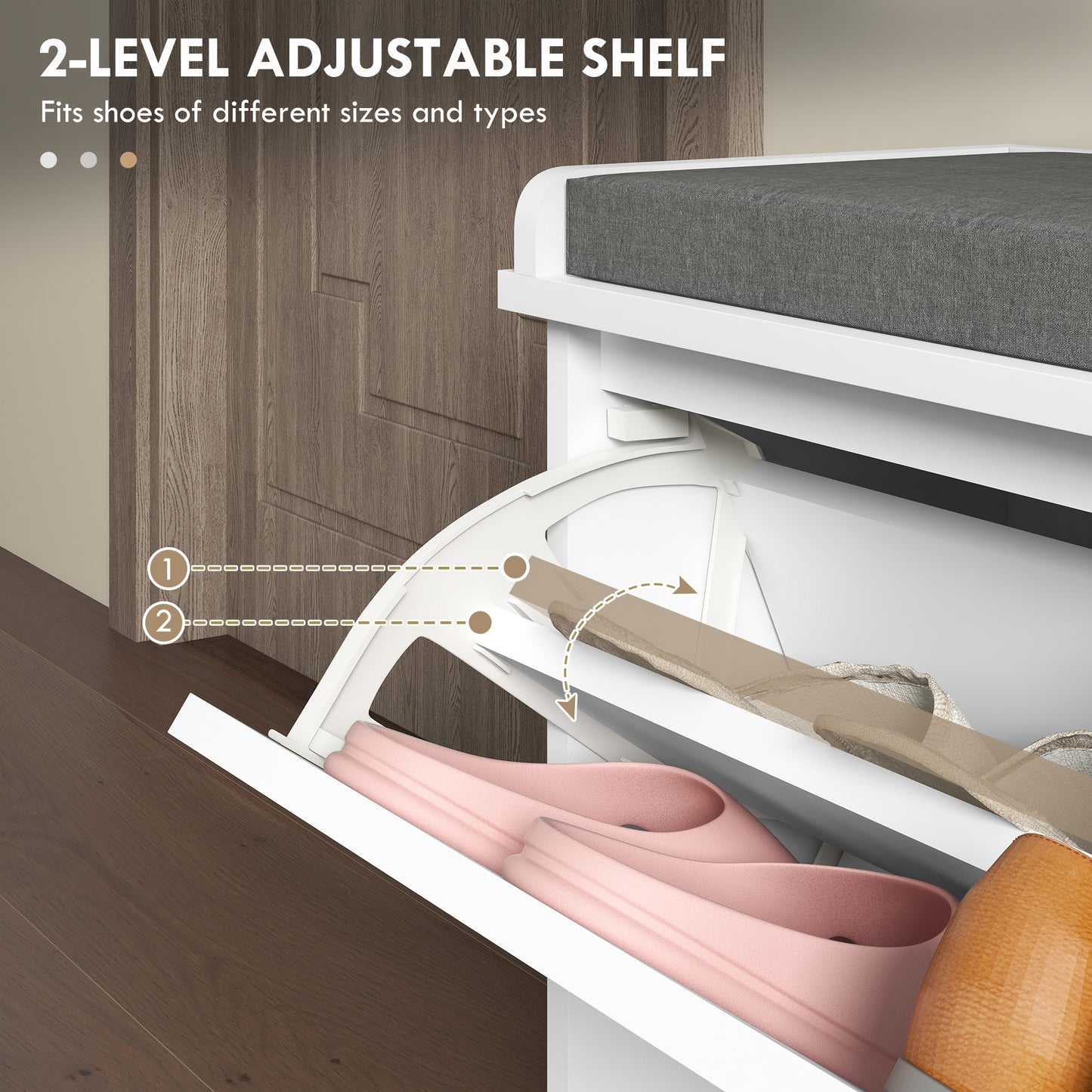 HOMCOM Upholstered Hallway Shoe Storage Bench with Flip Drawer, Adjustable Shelf