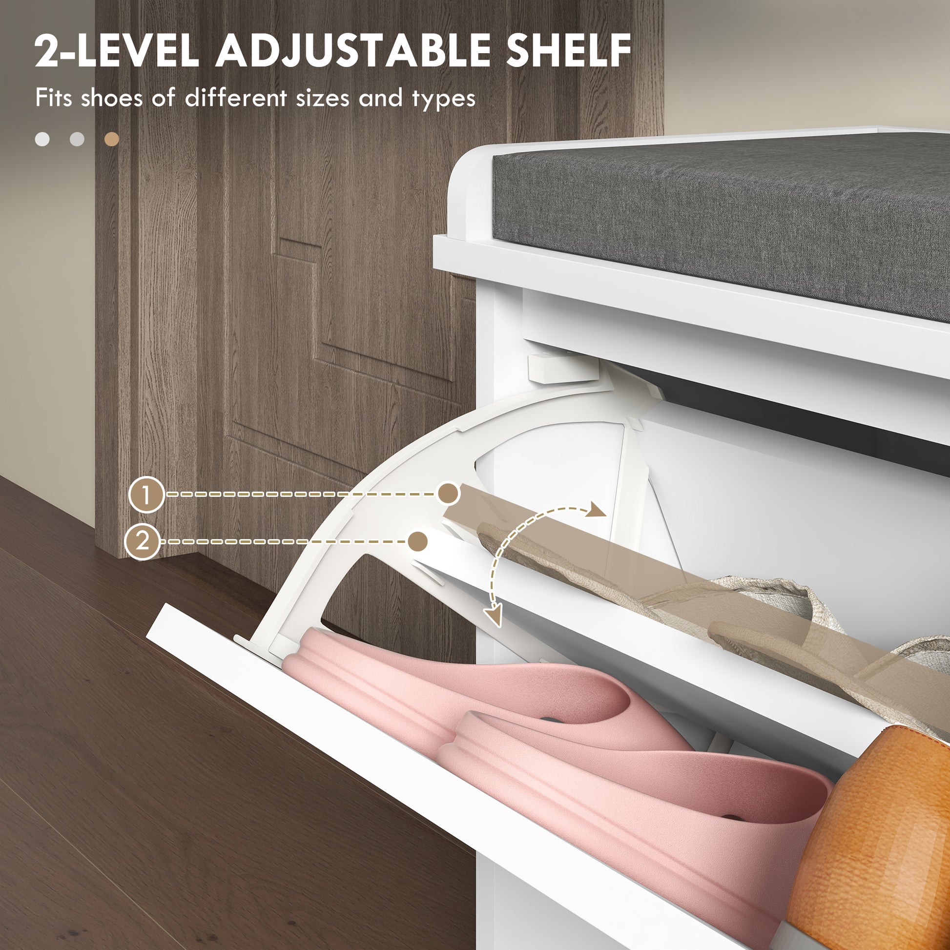 HOMCOM Upholstered Hallway Shoe Storage Bench with Flip Drawer, Adjustable Shelf