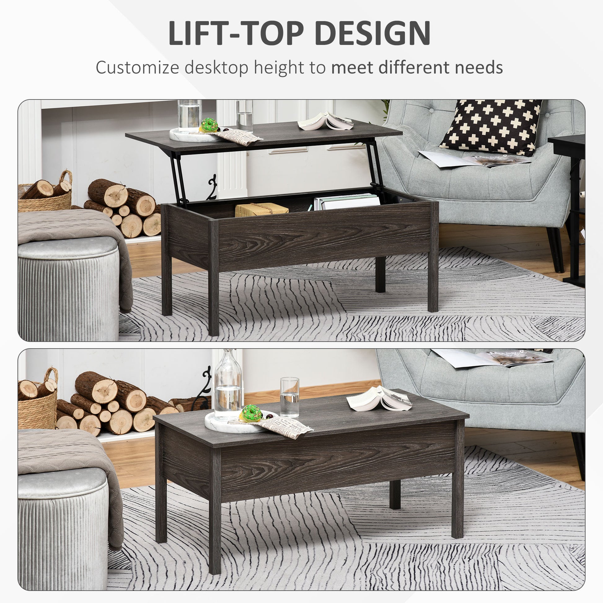 Modern Lift Top Coffee Table with Hidden Storage for Living Room, Grey