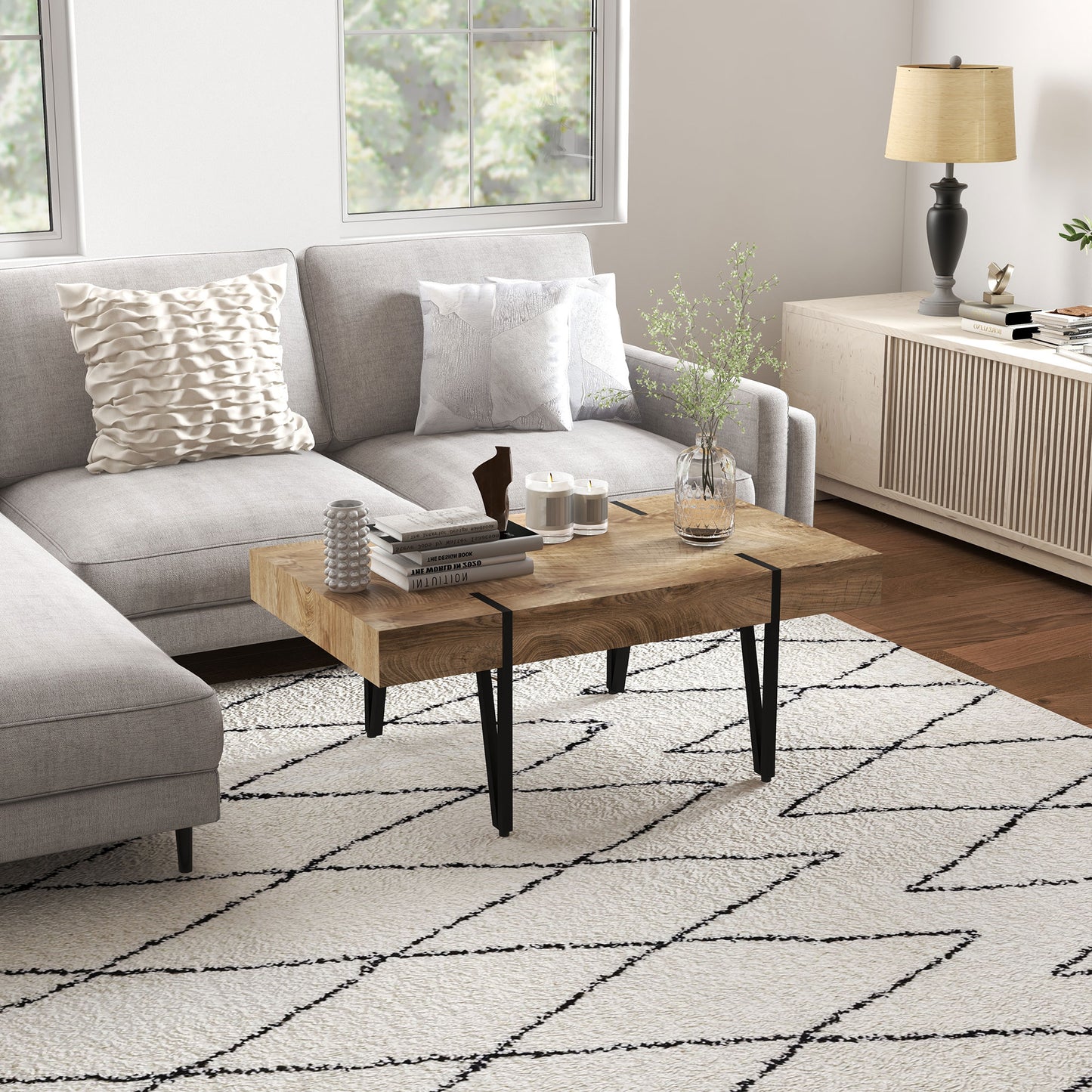 HOMCOM Rustic Rectangle Coffee Table with Steel Hairpin Legs for Home