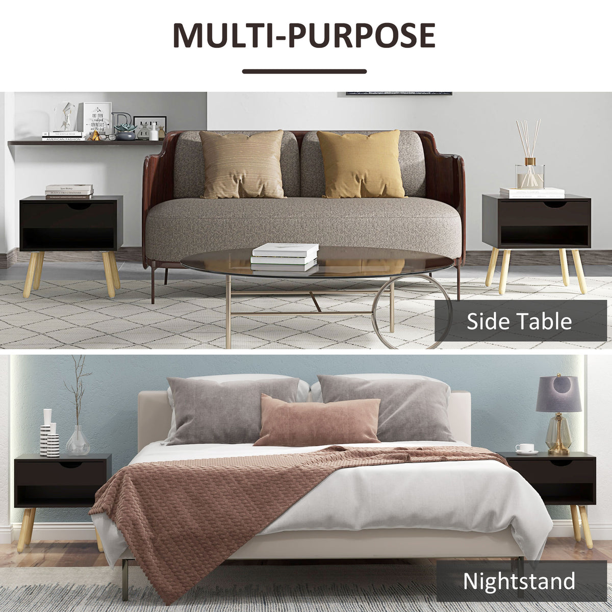 Nightstands with Drawer, Shelf and Wood Legs, Set of 2 – 20"W x 20"H